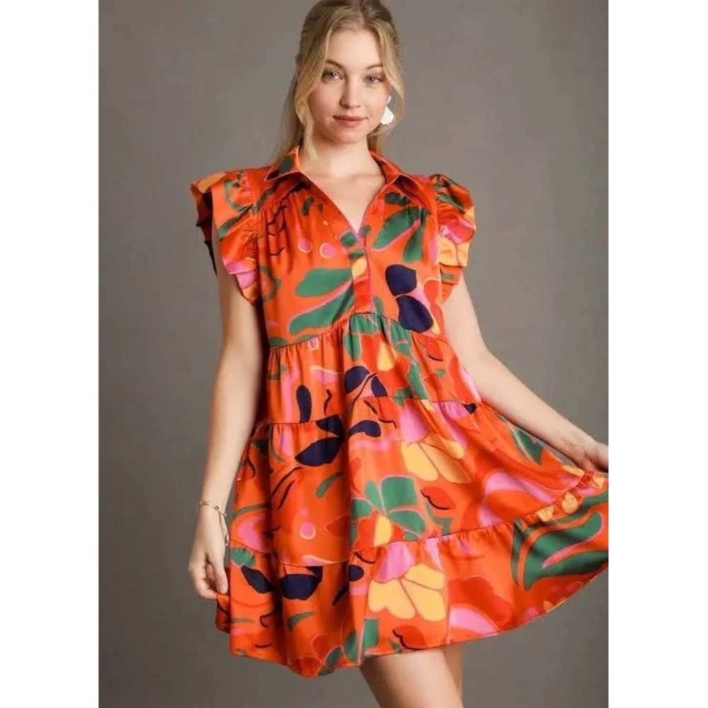 Umgee Orange Floral Satin Tiered Babydoll Mini Dress Ruffle Sleeves NWT Plus 2X